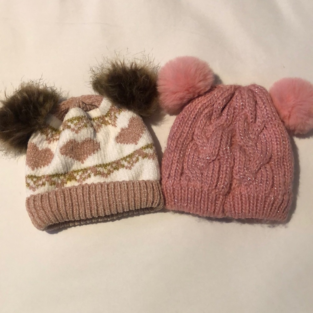 2 Baby Puff Ball Knit Hats